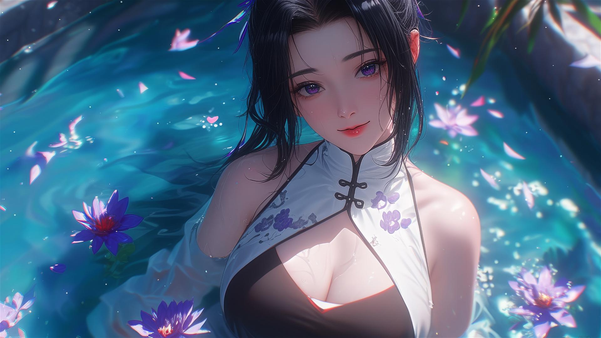 Shinobu Kocho from Demon Slayer in a cheongsam, inside a tub full of flowers, in a Chinese spa.