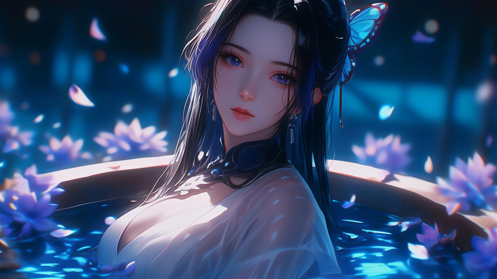 Shinobu Kocho from Demon Slayer in a cheongsam inside a tub full of flowers at a Chinese spa