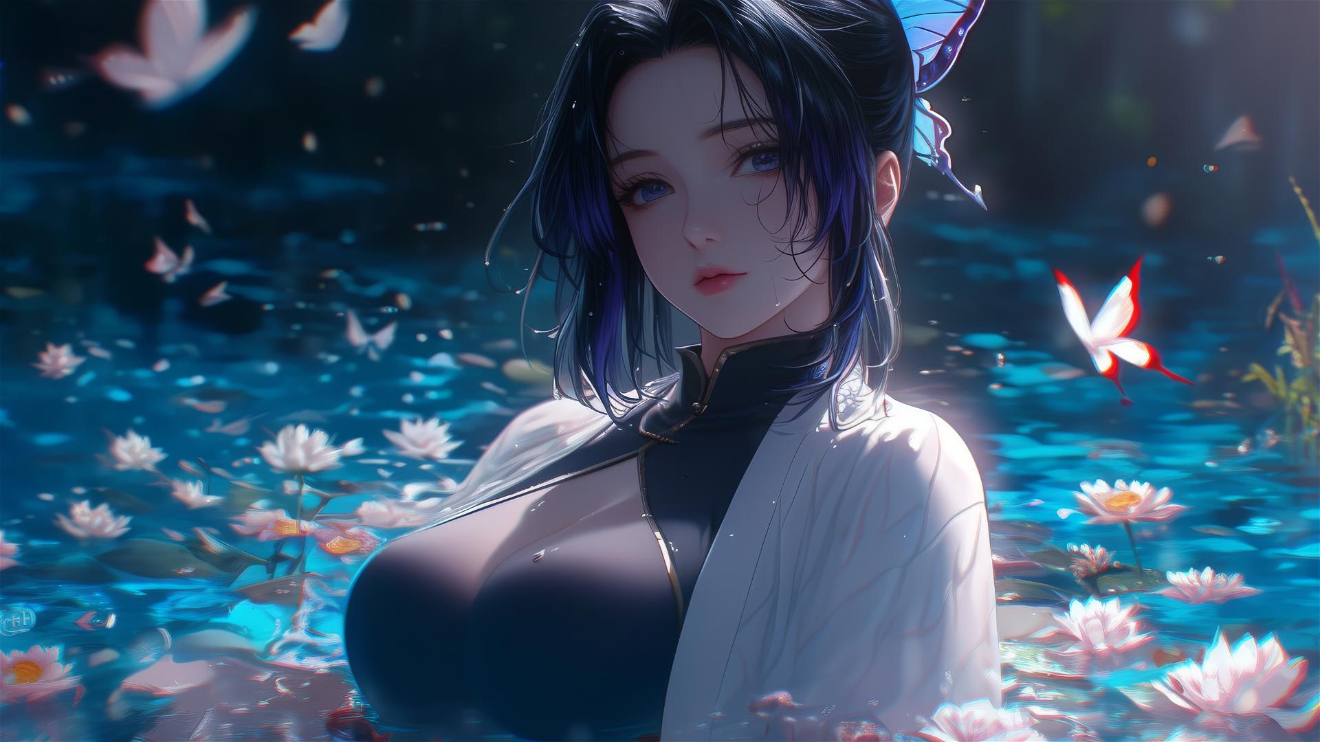 Shinobu Kocho from Demon Slayer in a cheongsam inside a flower-filled tub