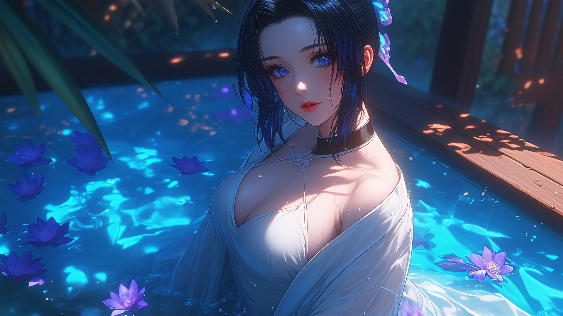 Shinobu Kocho from Demon Slayer in a white dress, inside a tub full of flowers at a Chinese spa.