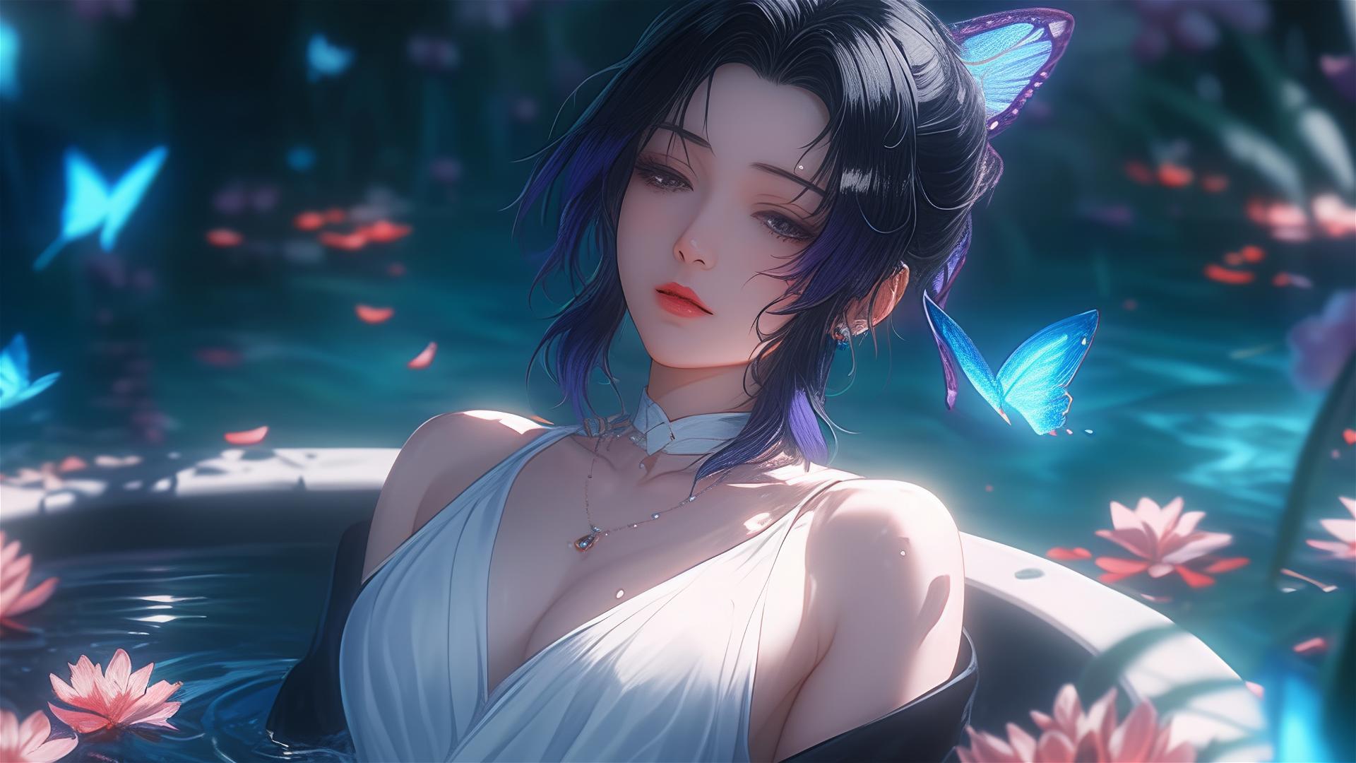 Shinobu Kocho in a white dress inside a flower-filled tub at a Chinese spa