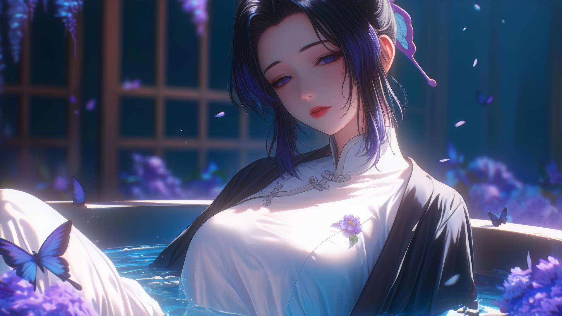 Shinobu Kocho from Demon Slayer in white pajamas inside a tub full of flowers at a Chinese spa