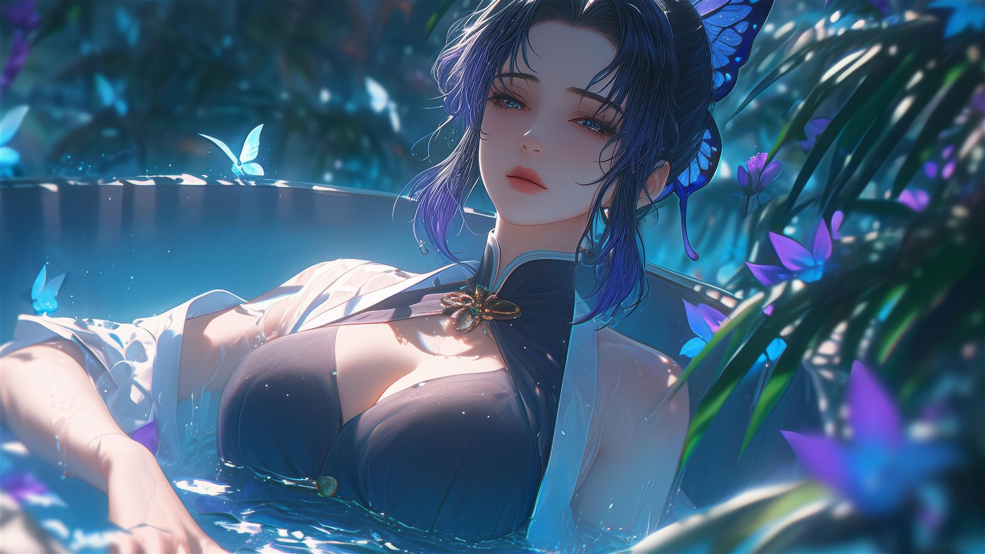 Shinobu Kocho in a flower-filled tub at a Chinese spa