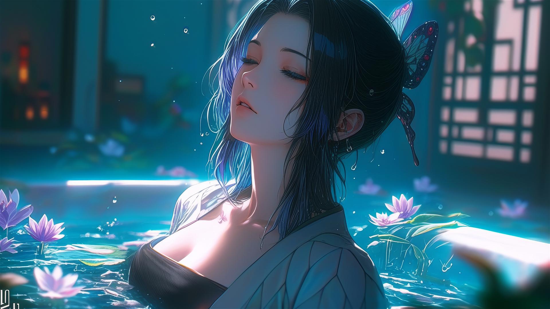 Shinobu Kocho from Demon Slayer in a tub filled with flowers in a Chinese spa