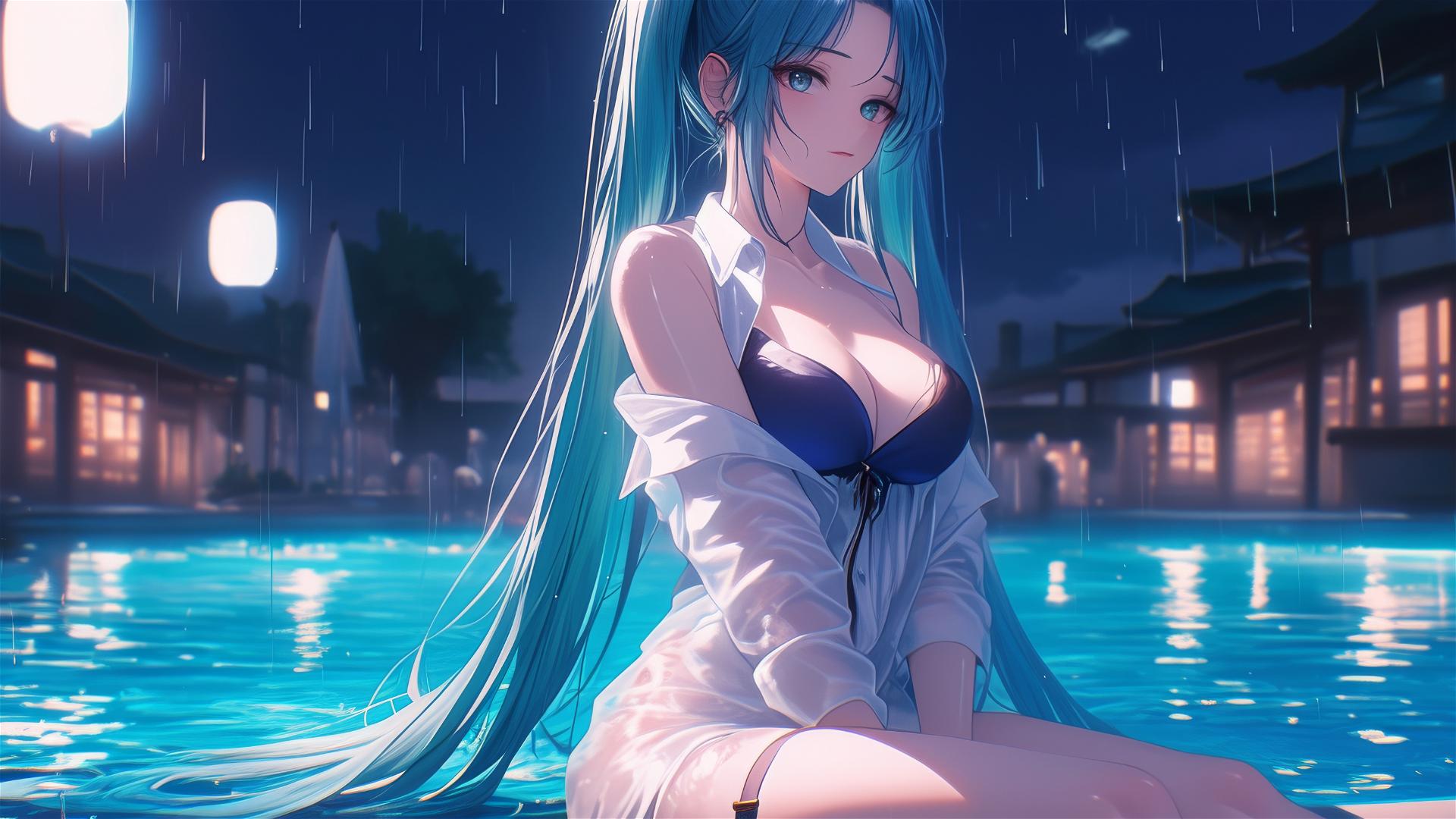 Hatsune Miku relaxing at a rainy swimming pool under moonlight
