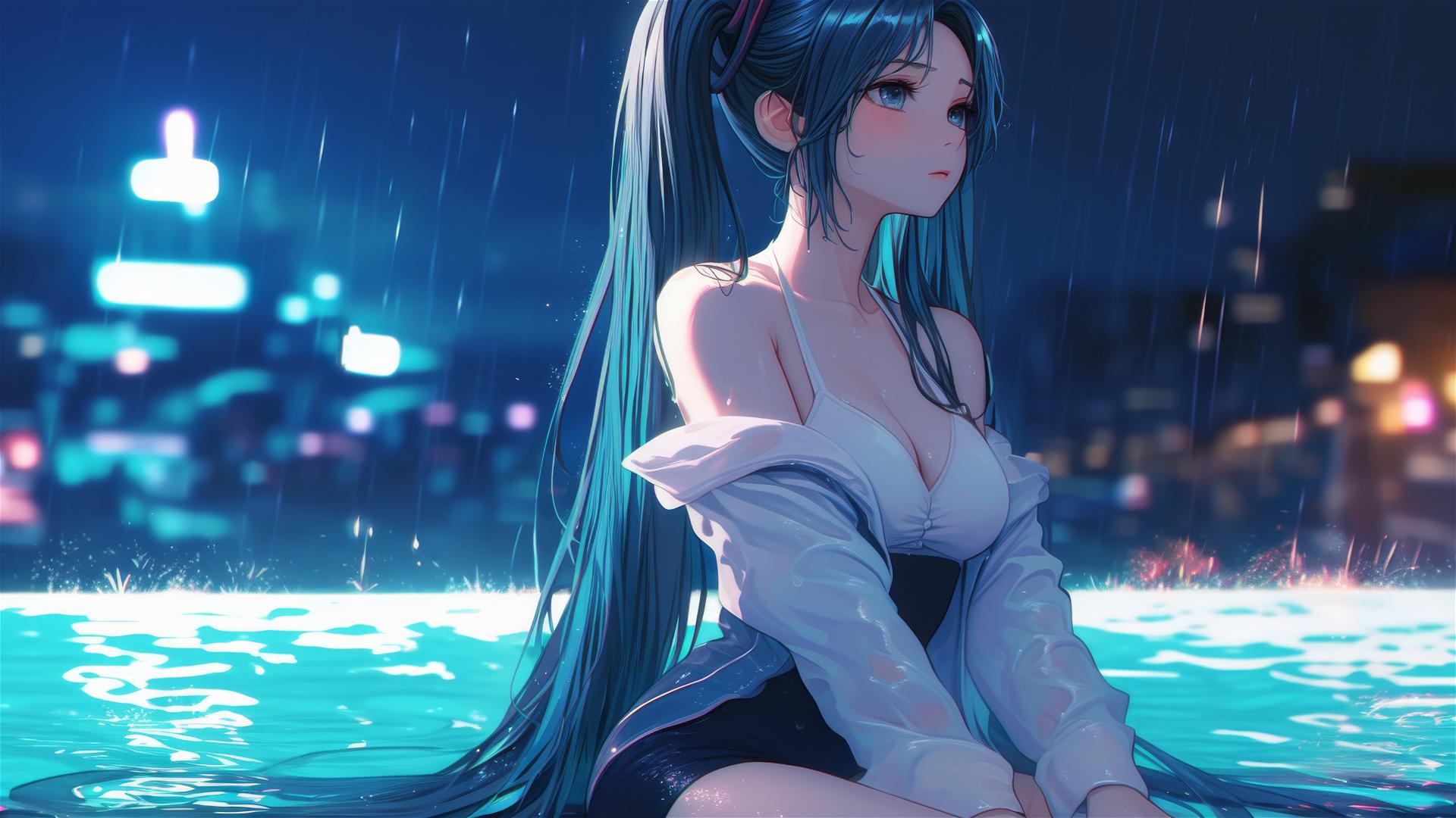 Hatsune Miku resting at a rainy swimming pool with moonlight glow