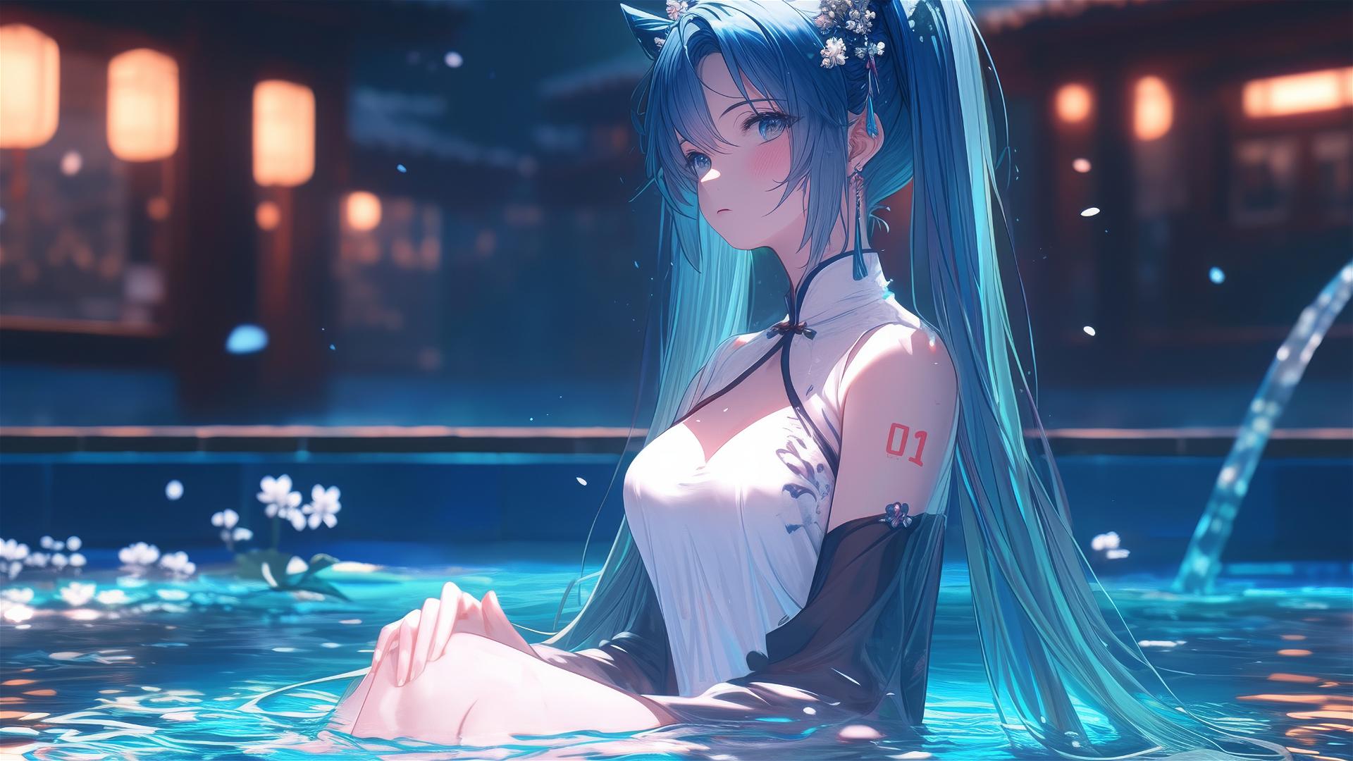 Hatsune Miku in a flower-filled tub at a Chinese spa