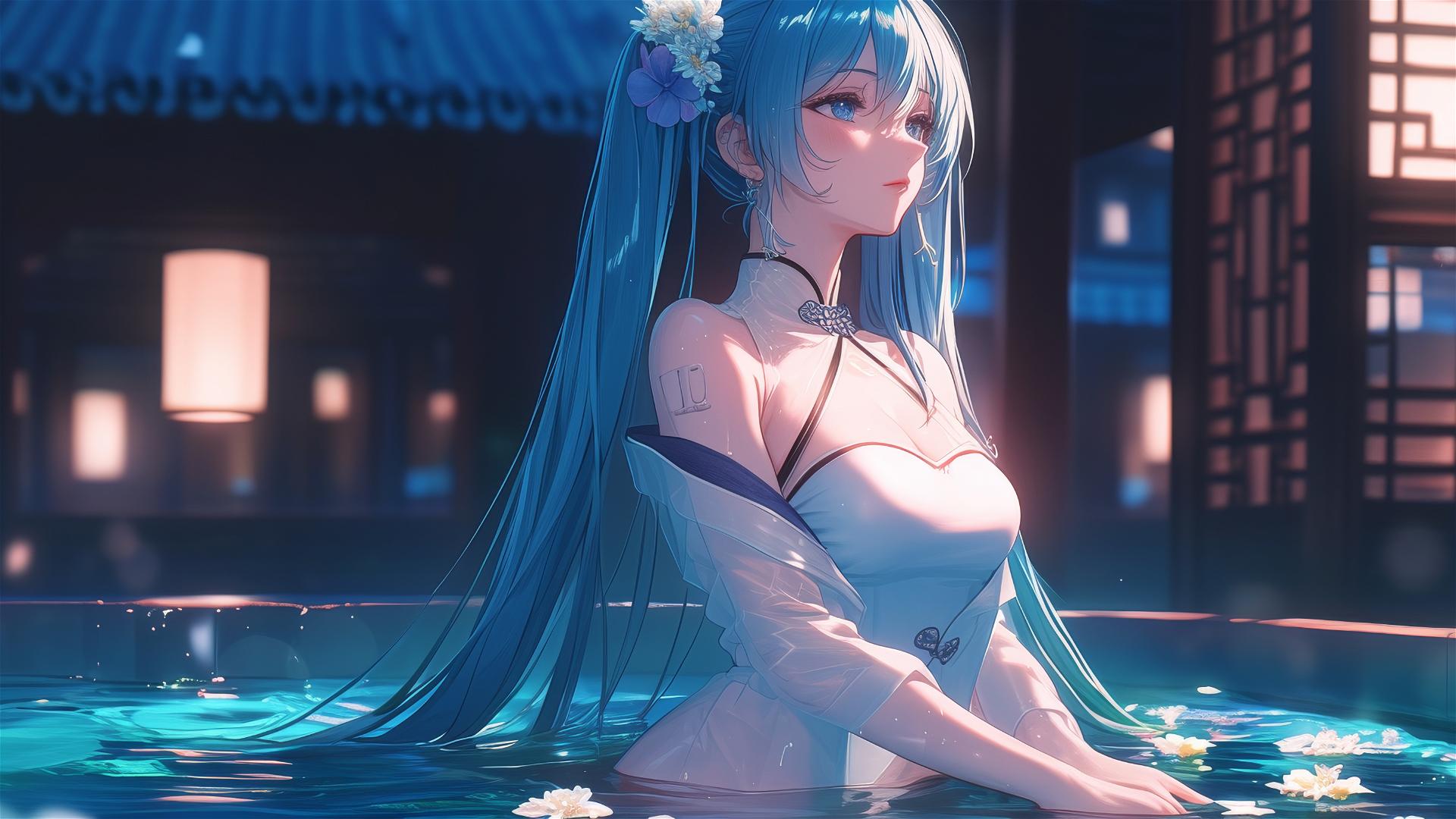 Hatsune Miku in a tub full of flowers at a Chinese spa