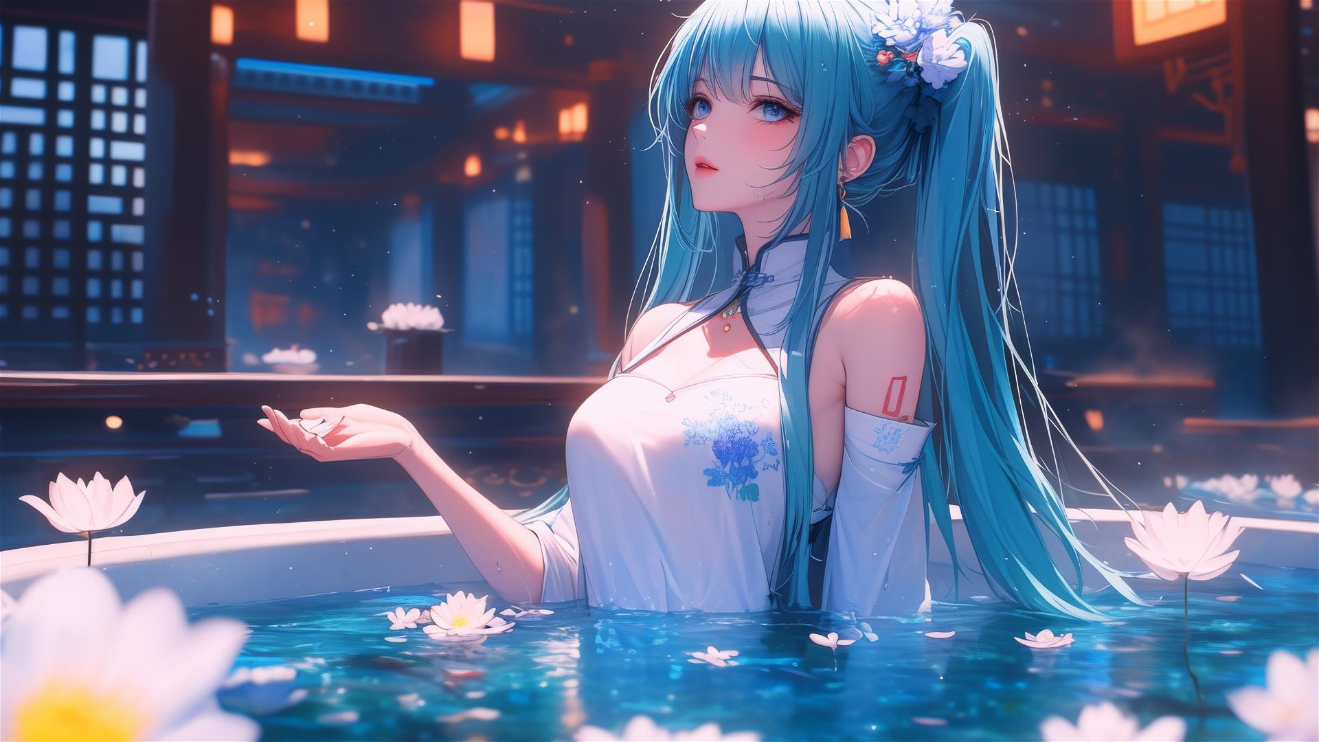 Hatsune Miku in a flower-filled tub at a Chinese spa