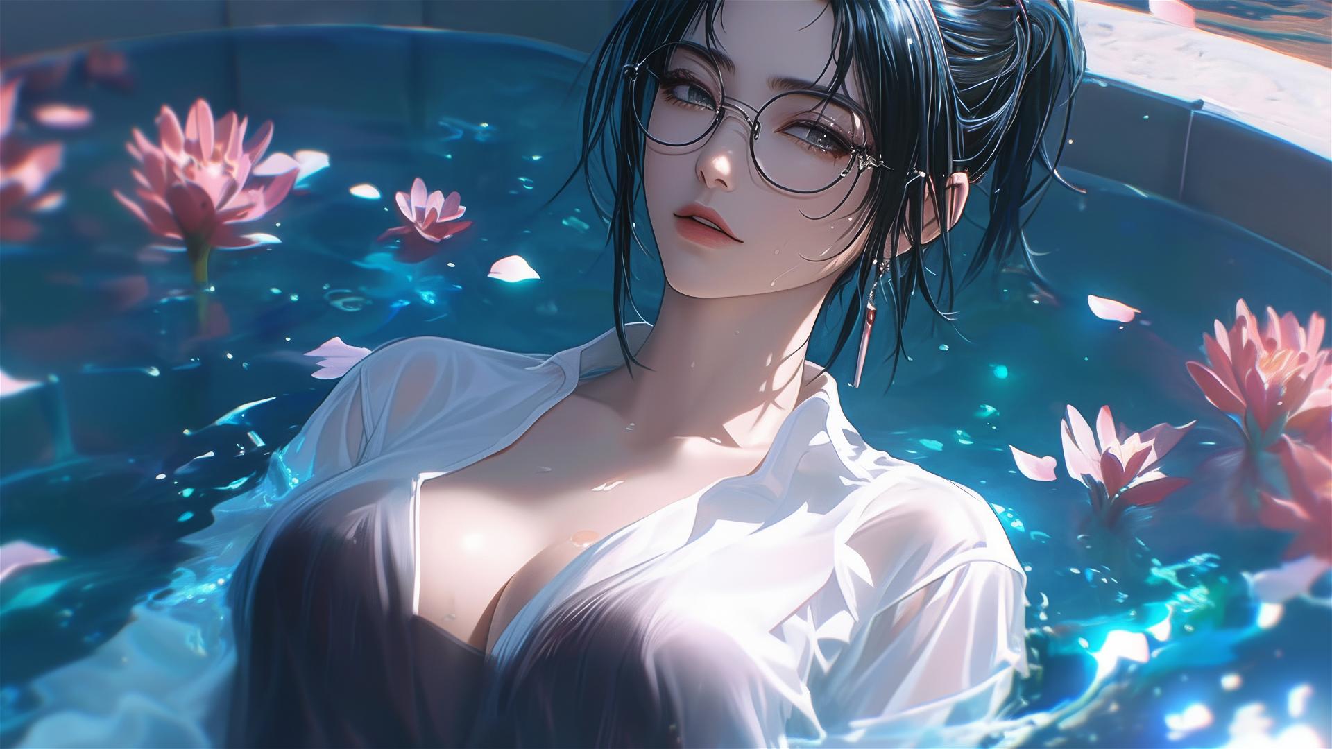 Maki Zenin in a tub full of flowers at a Chinese spa wearing a white shirt and glasses.