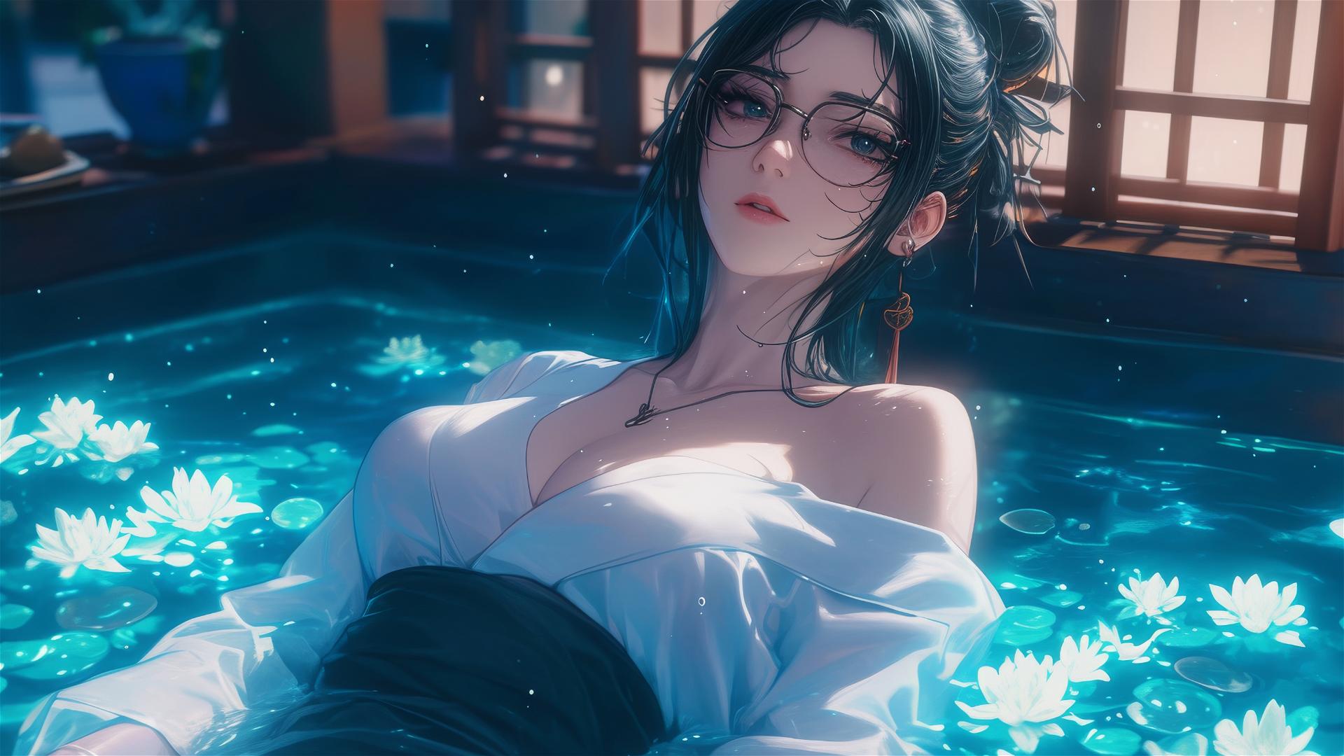 Maki Zenin in white outfit, in a tub filled with flowers at a Chinese spa, wearing glasses