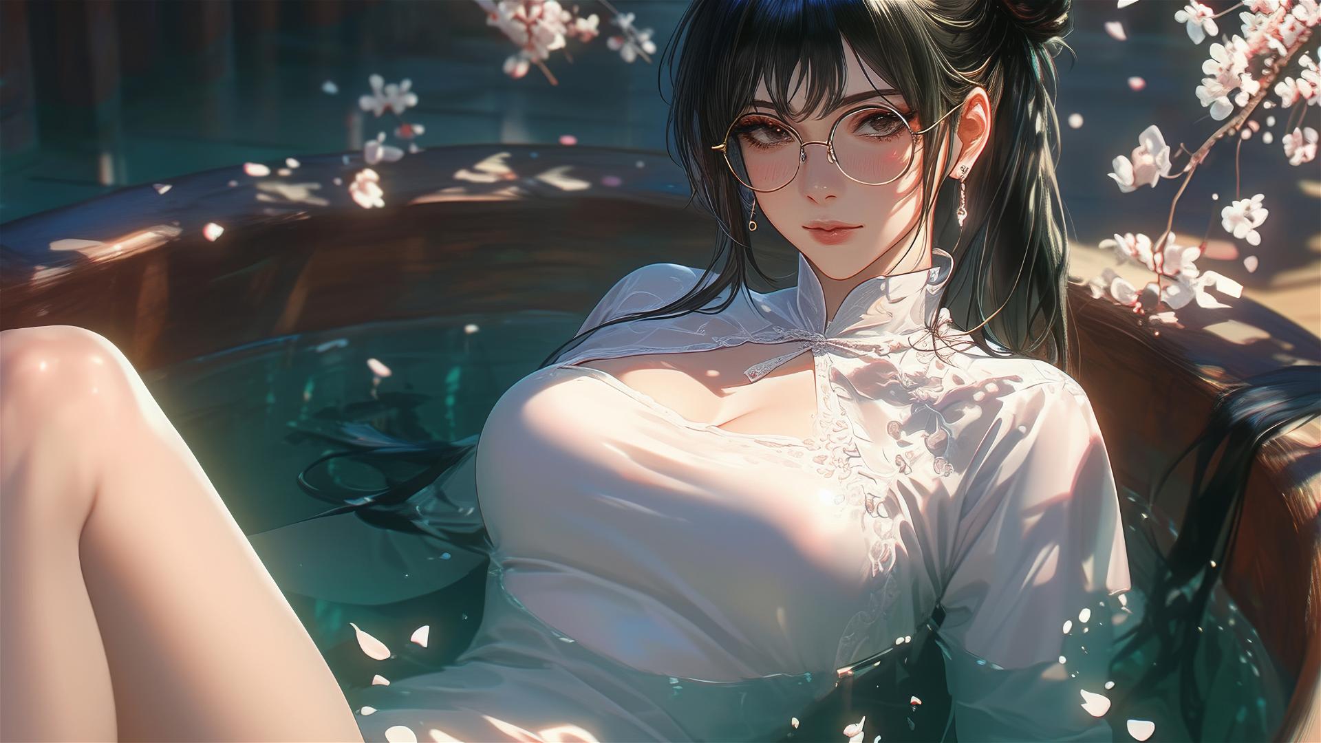 Maki Zenin in white, in a flower-filled tub, at a Chinese spa, wearing glasses