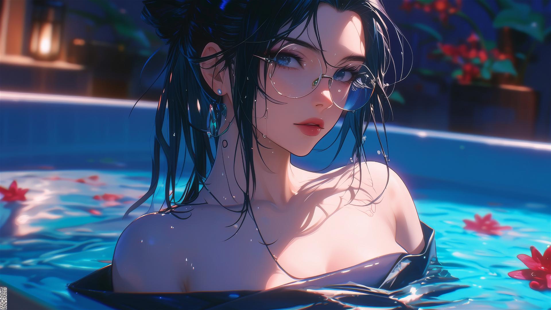 Maki Zenin from Jujutsu Kaisen in a tub of flowers at a Chinese spa wearing eye glasses