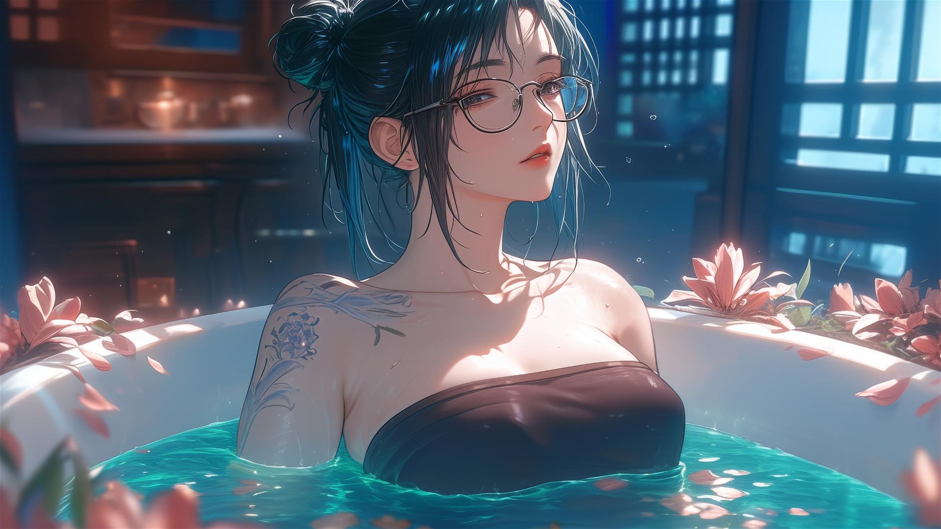 Maki Zenin from Jujutsu Kaisen in a tub full of flowers at a Chinese spa, wearing glasses