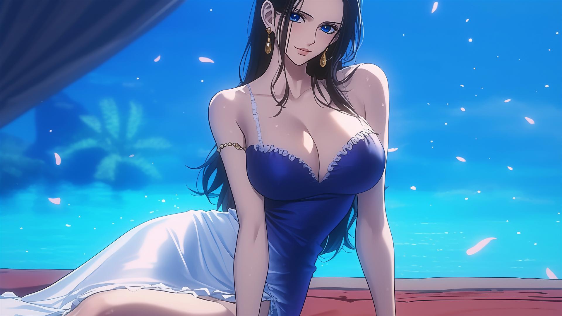 Nico Robin in a white dress resting in a moonlit modern hotel room