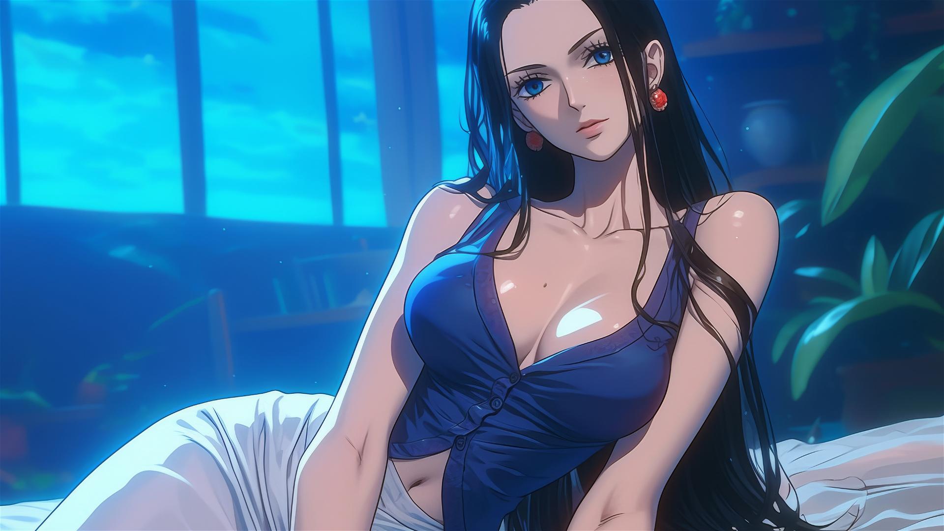 Nico Robin from One Piece in a pure white dress resting in a modern hotel room with moonlight glow.