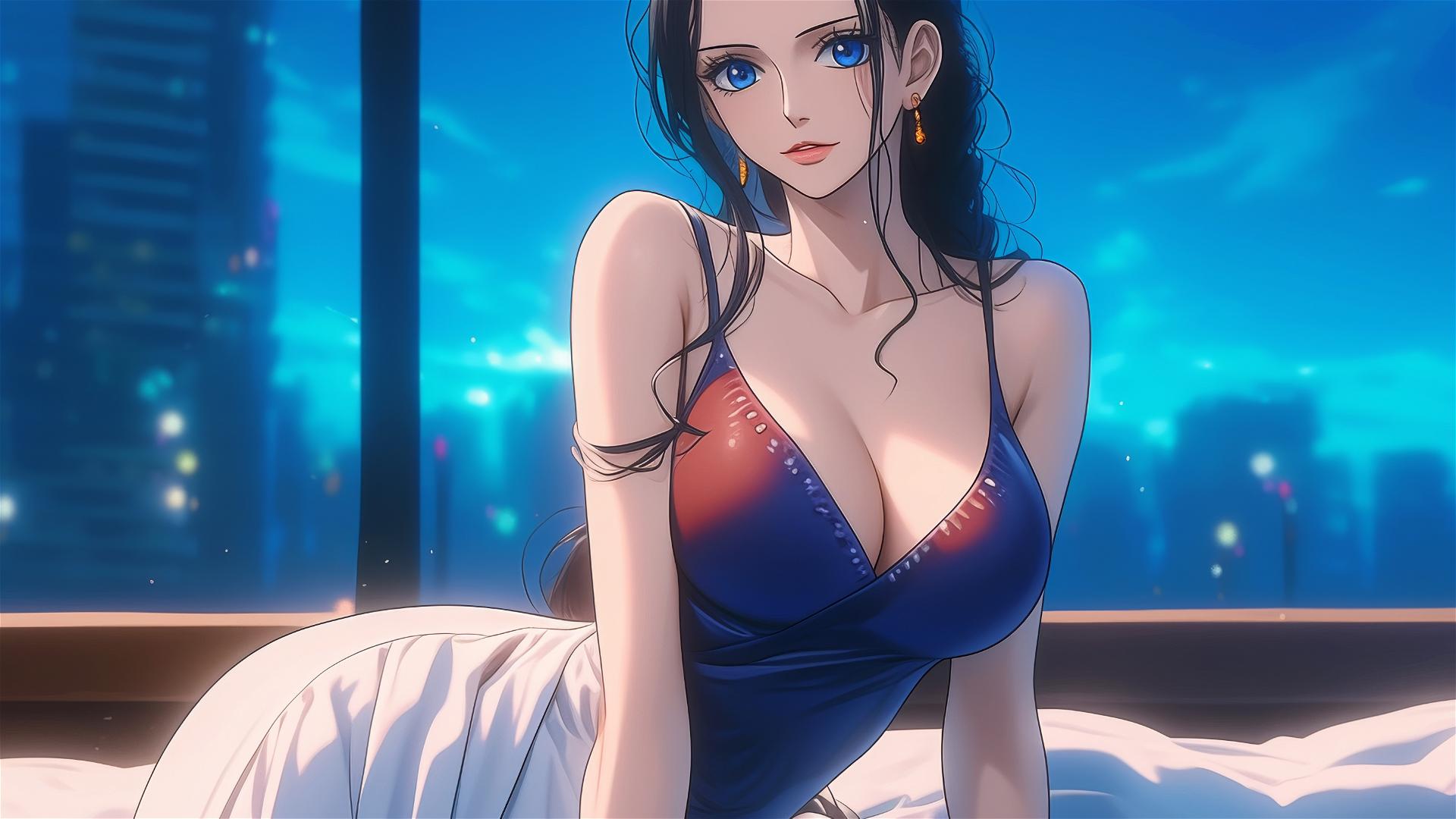 Nico Robin from One Piece in a white dress resting in a modern hotel room with moonlight glow