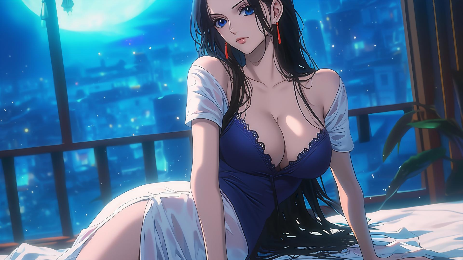 Nico Robin in a white dress resting in a modern hotel room with moonlight