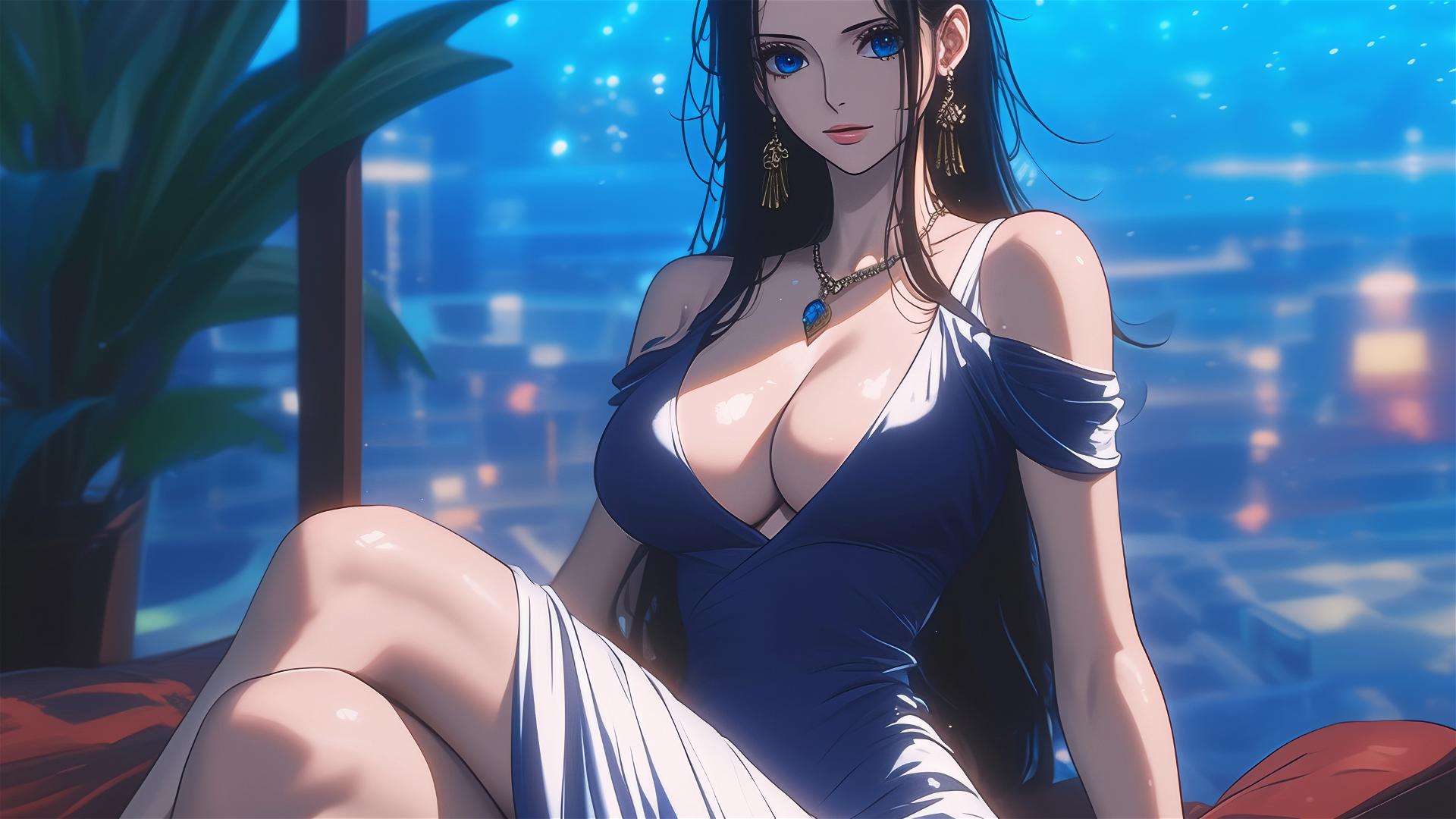 Nico Robin from One Piece resting in a modern hotel room with moonlight glow