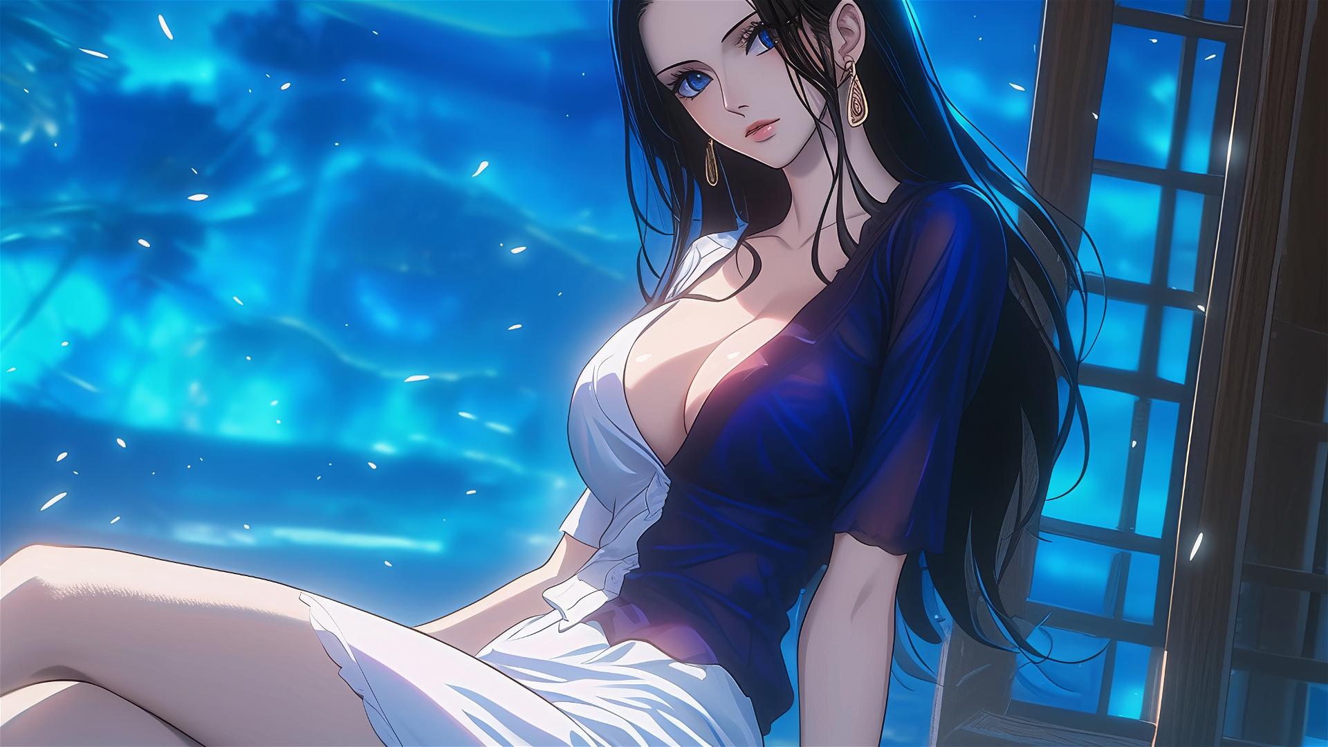 Nico Robin from One Piece resting in a modern hotel room under moonlight.