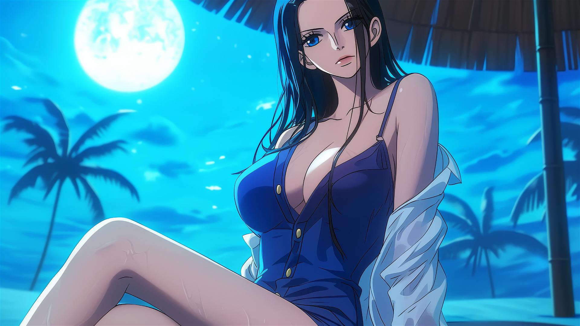 Nico Robin from One Piece resting in a modern hotel room under moonlight