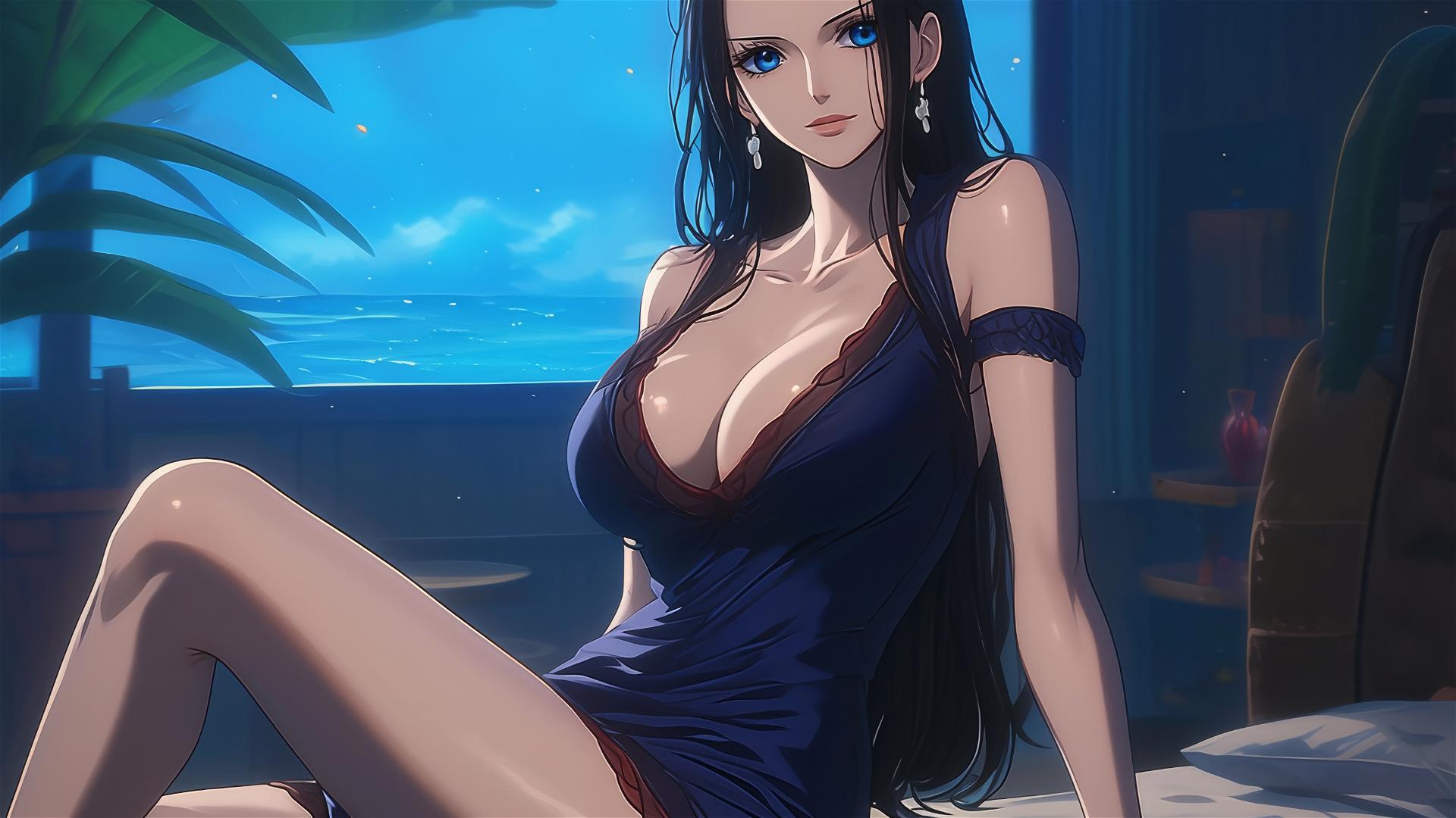 Nico Robin from One Piece resting in a modern hotel room with moonlight.