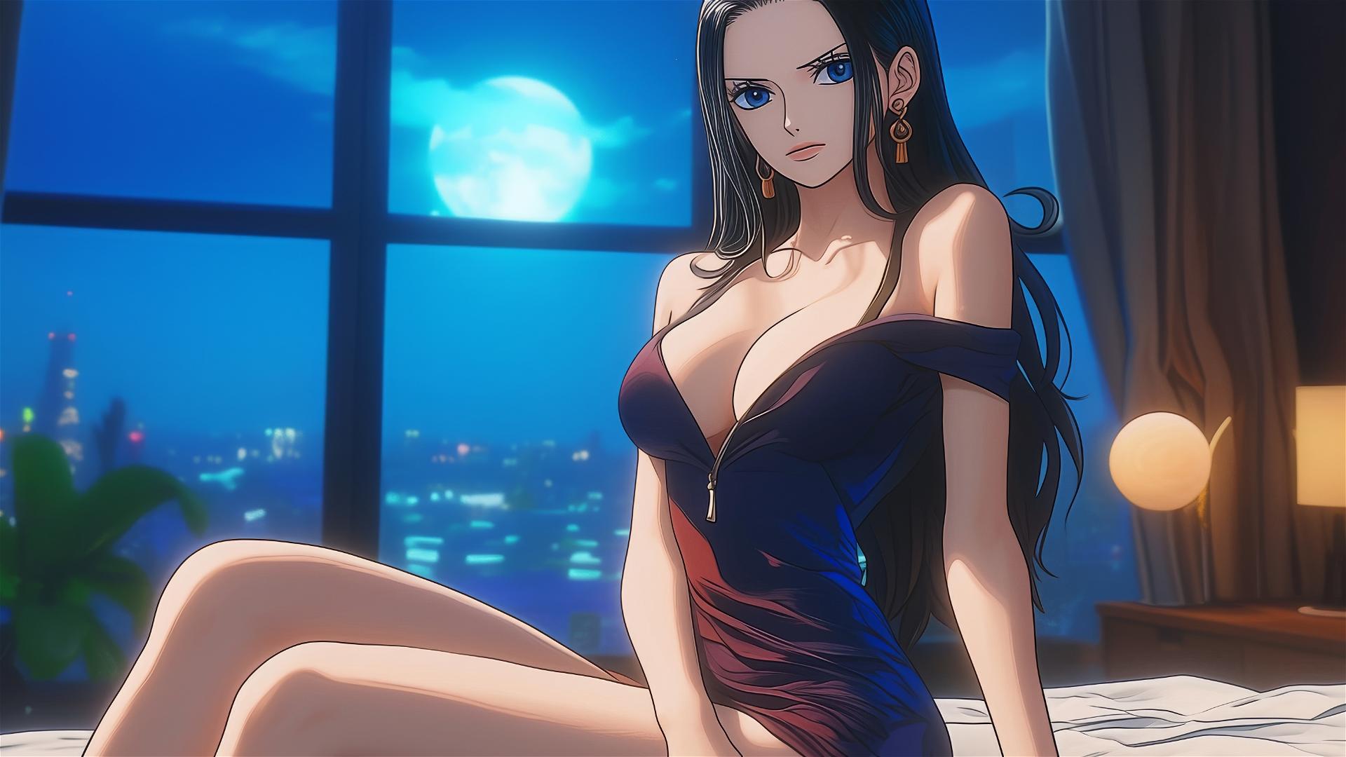 Nico Robin from One Piece relaxing in a modern hotel room with moonlight.