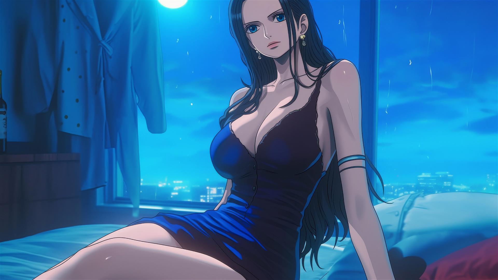 Nico Robin resting in a modern hotel room with moonlight glow