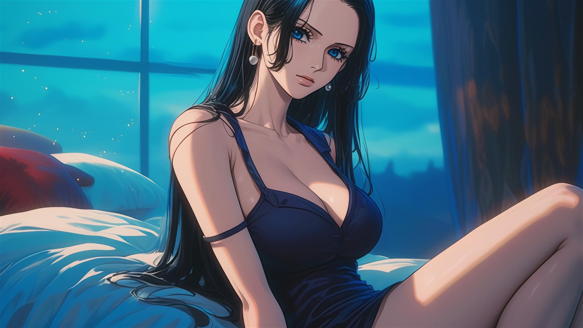 Nico Robin resting in a modern hotel room with moonlight glow