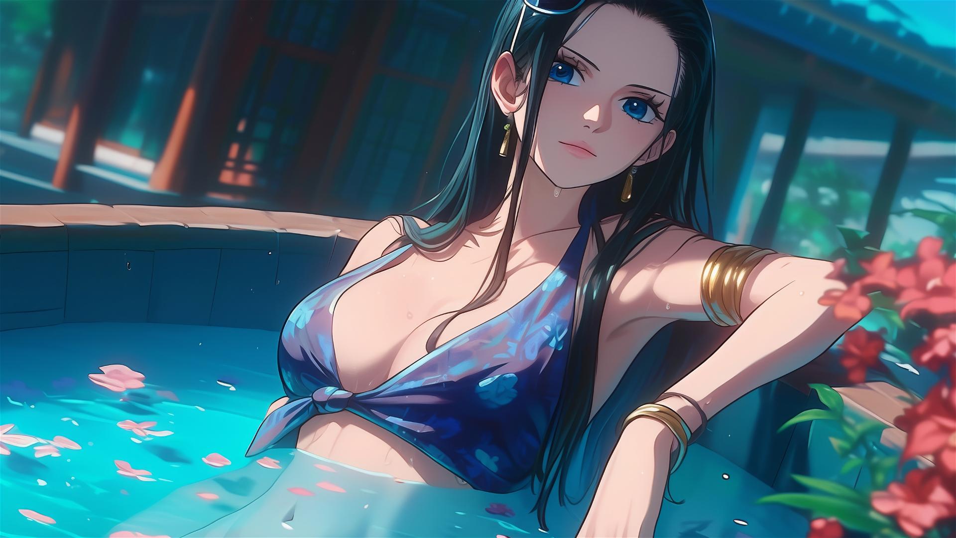 Nico Robin from One Piece in a floral-filled tub at a Chinese spa, wearing sunglasses.