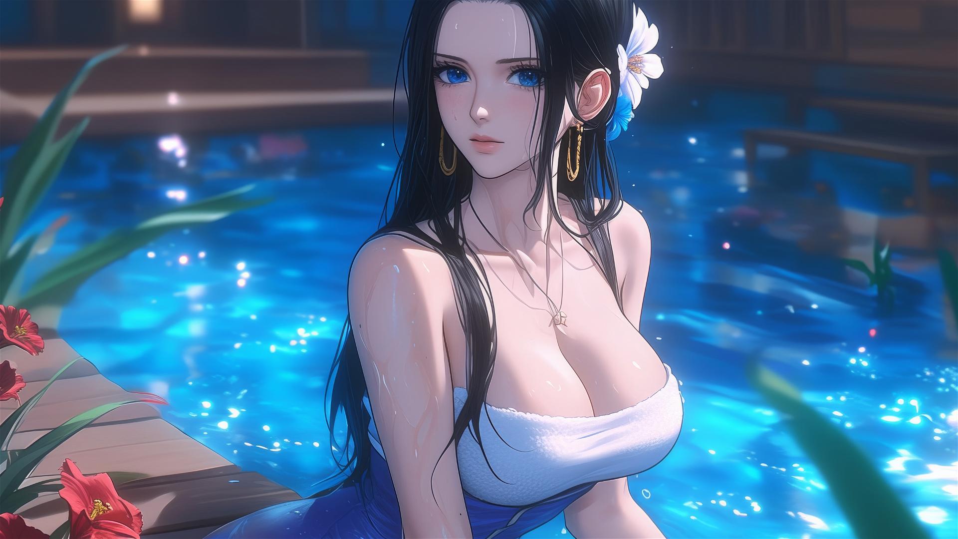 Nico Robin from One Piece in bathtub with flowers, Chinese spa, wearing sunglasses
