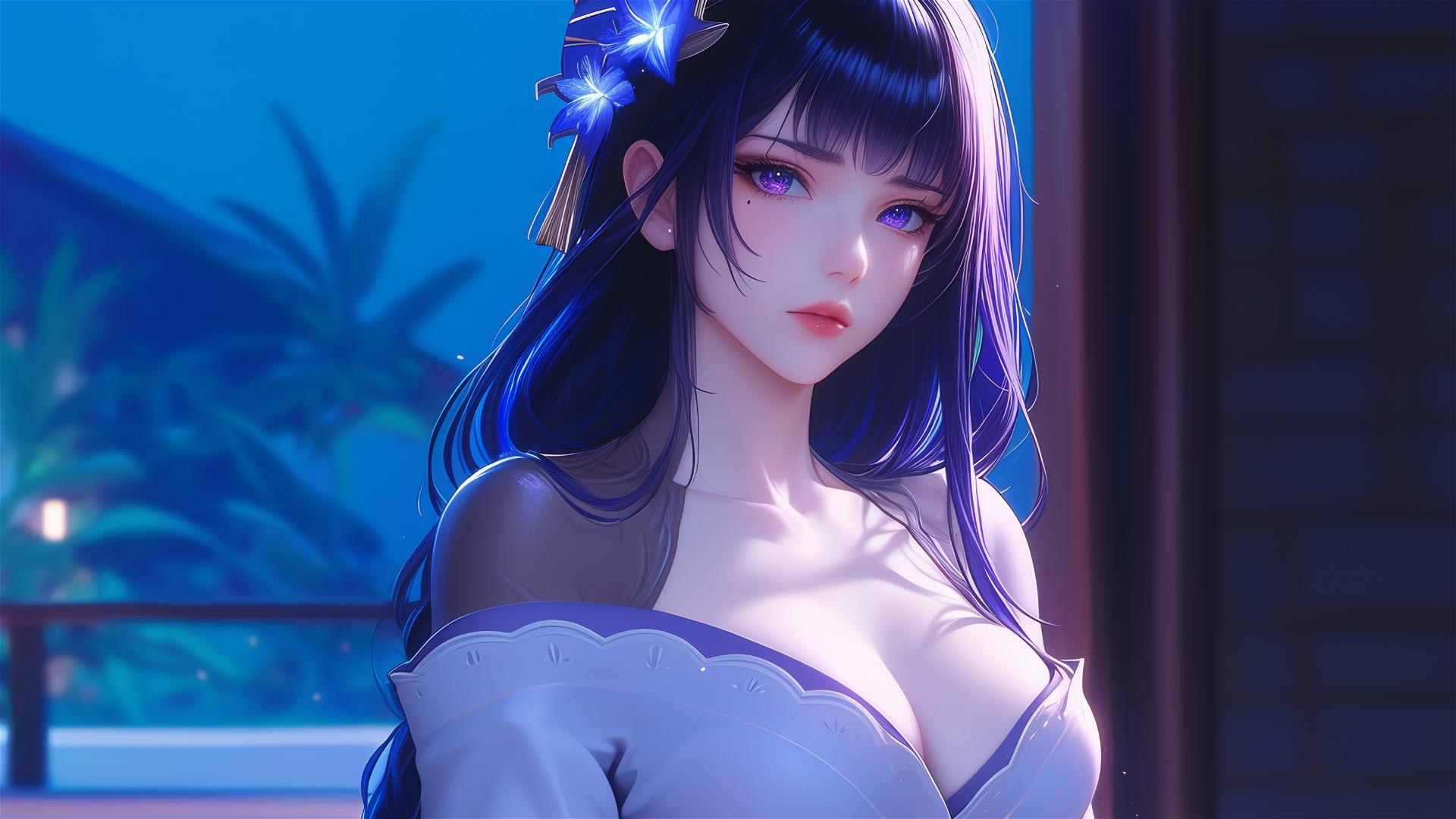 Raiden Shogun from Genshin Impact resting at modern hotel under moonlight