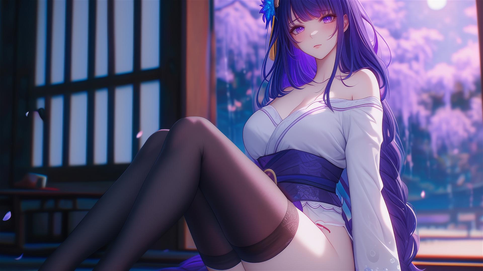 Raiden Shogun from Genshin Impact resting at a modern hotel, moonlight glow.