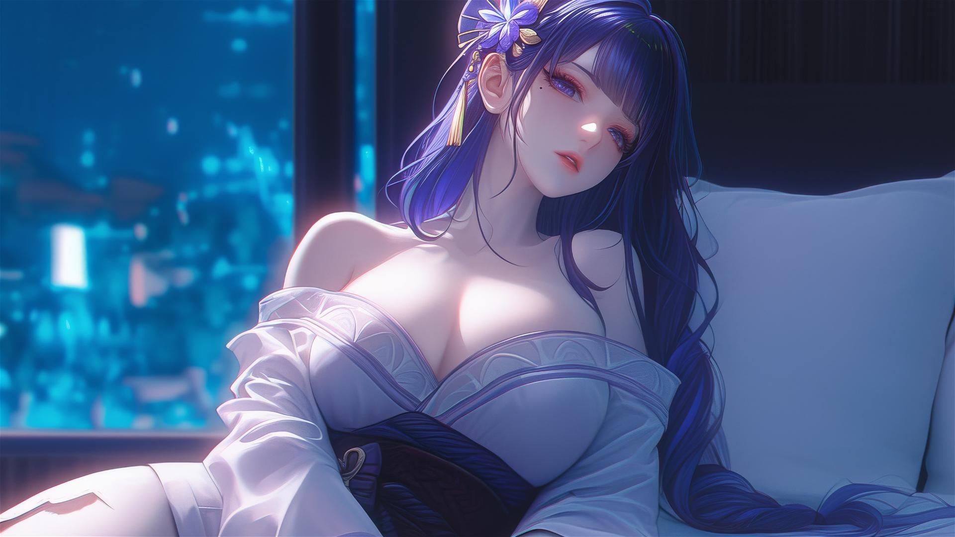 Raiden Shogun from Genshin Impact resting at a modern hotel under moonlight.