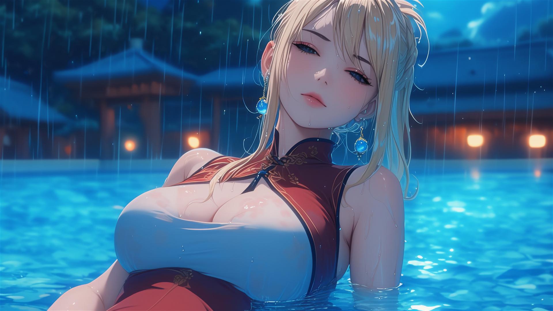 Lucy Heartfilia from Fairy Tail resting by a pool in the rain under moonlight.