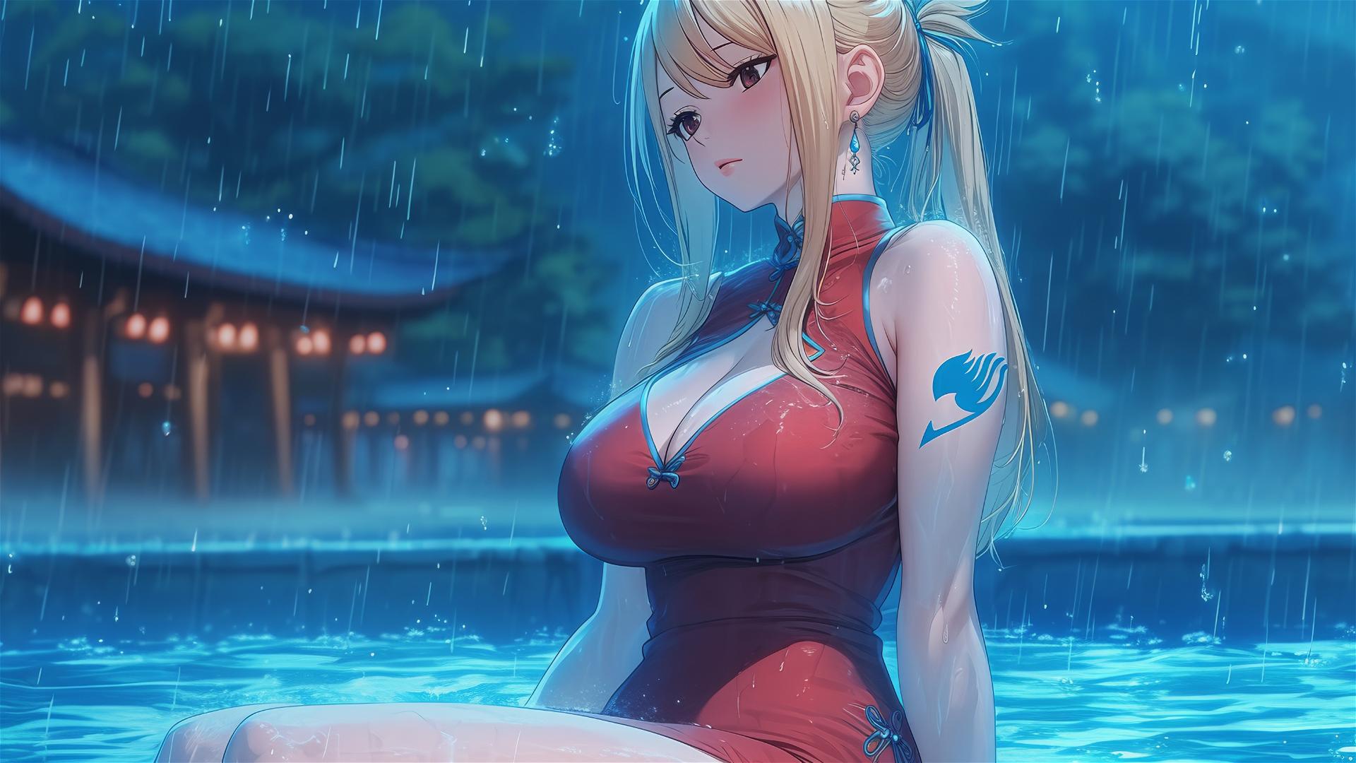 Lucy Heartfilia resting by a raining pool, moonlight glow, red dress.