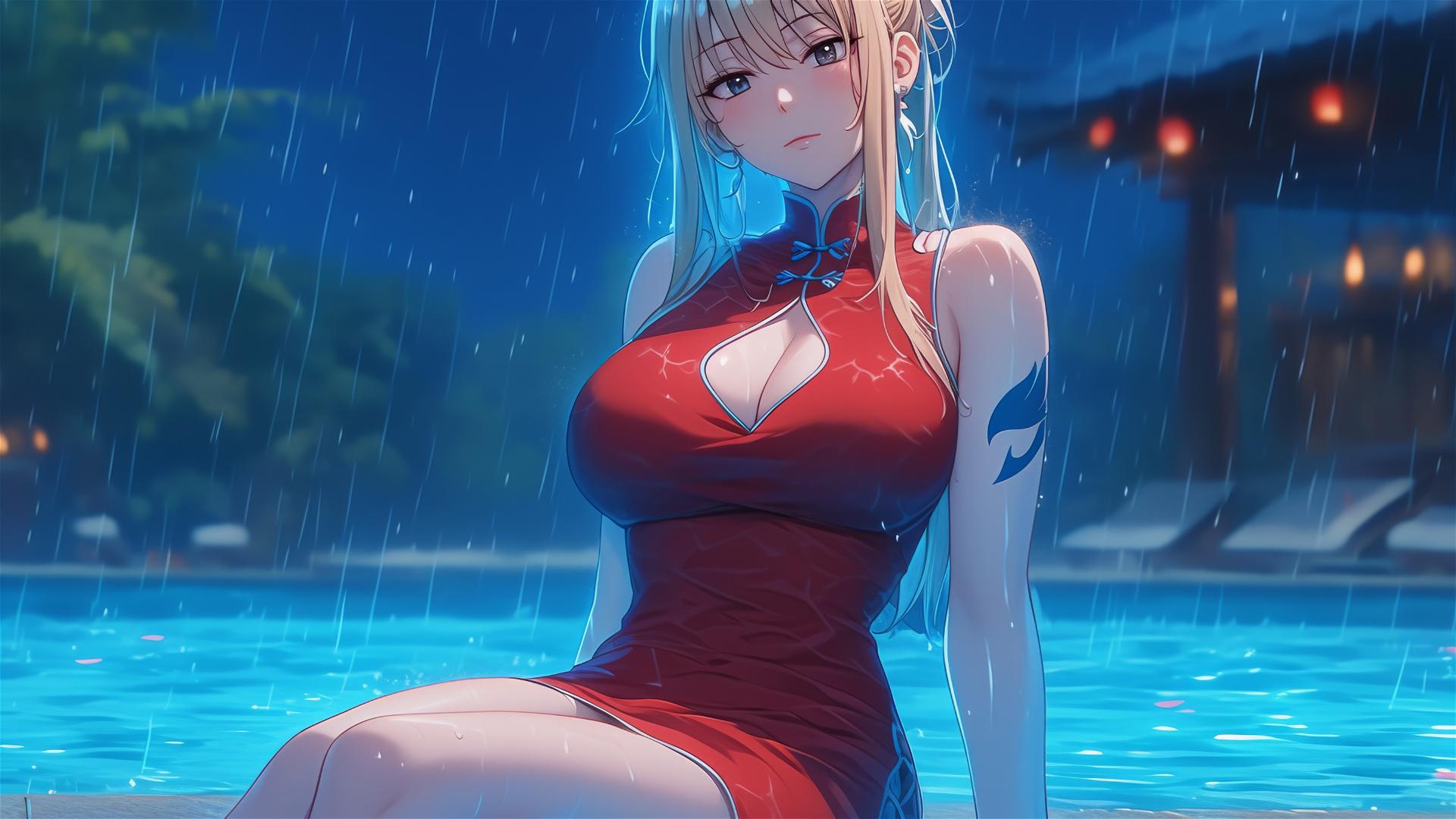 Lucy Heartfilia resting by a rainy swimming pool under moonlight in a red dress