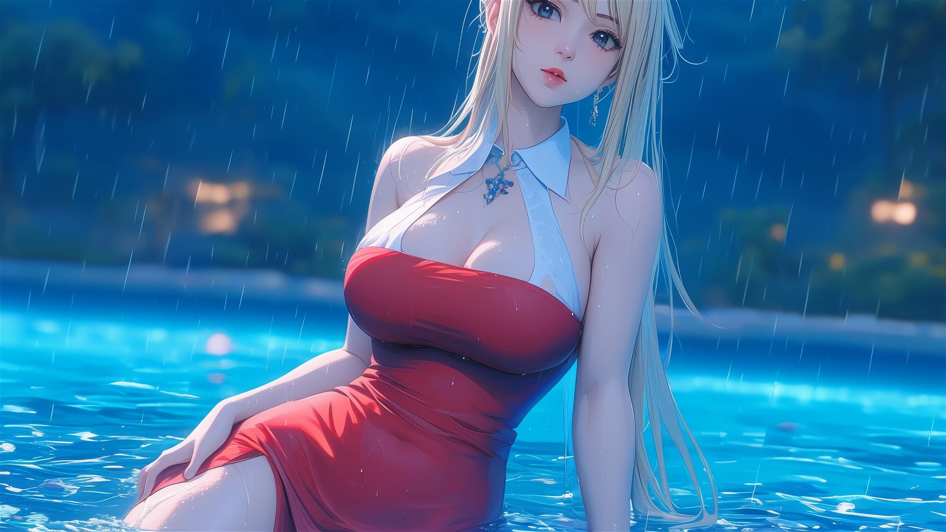 Lucy Heartfilia resting by a rainy pool in a red dress under moonlight
