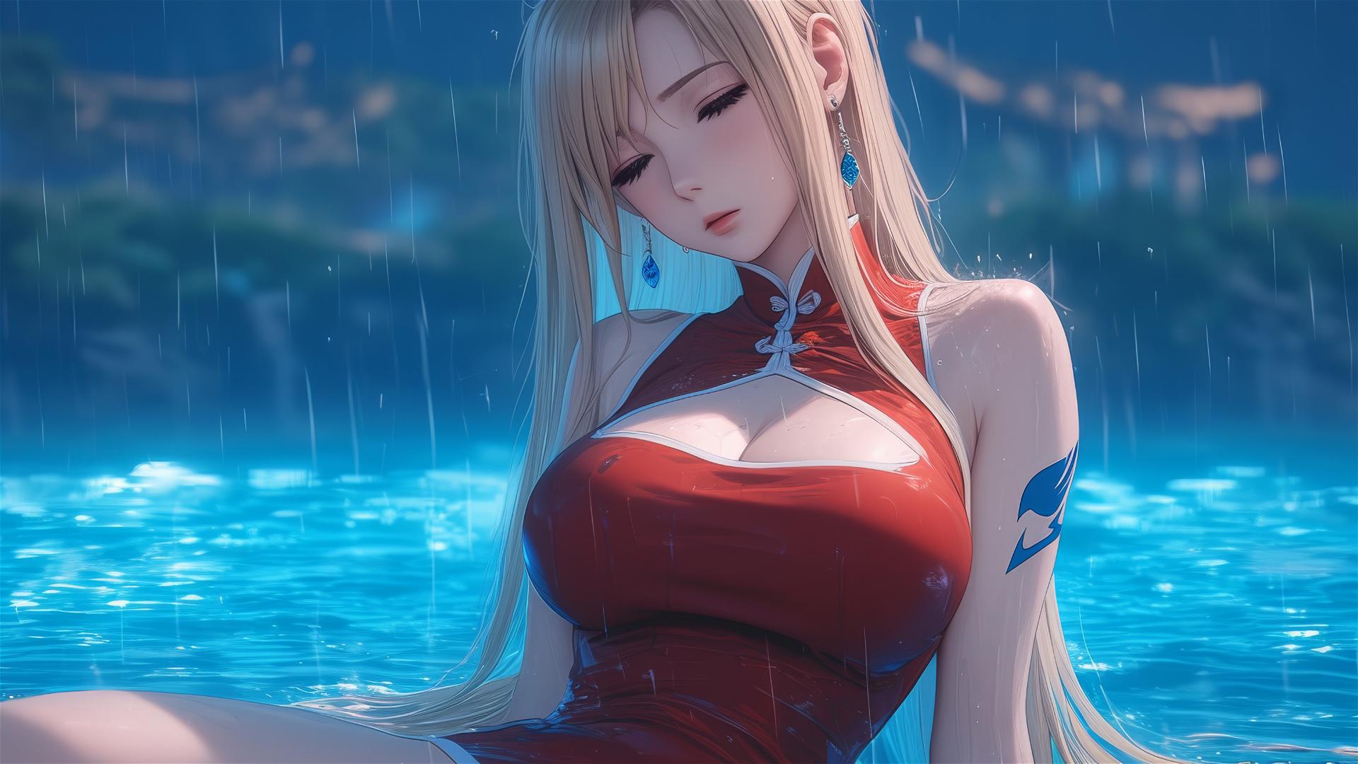 Lucy Heartfilia resting at a rainy swimming pool under moonlight in a red dress