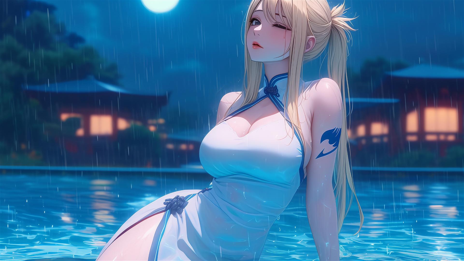 Lucy Heartfilia resting by a raining pool under moonlight in white dress