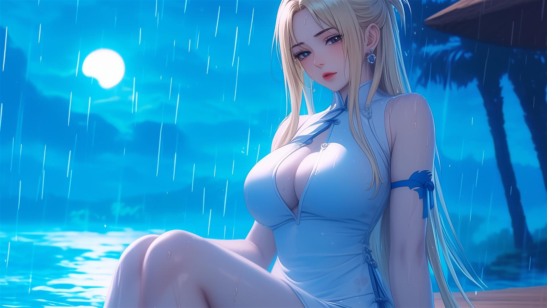 Lucy Heartfilia resting by a rainy pool under moonlight in a white dress