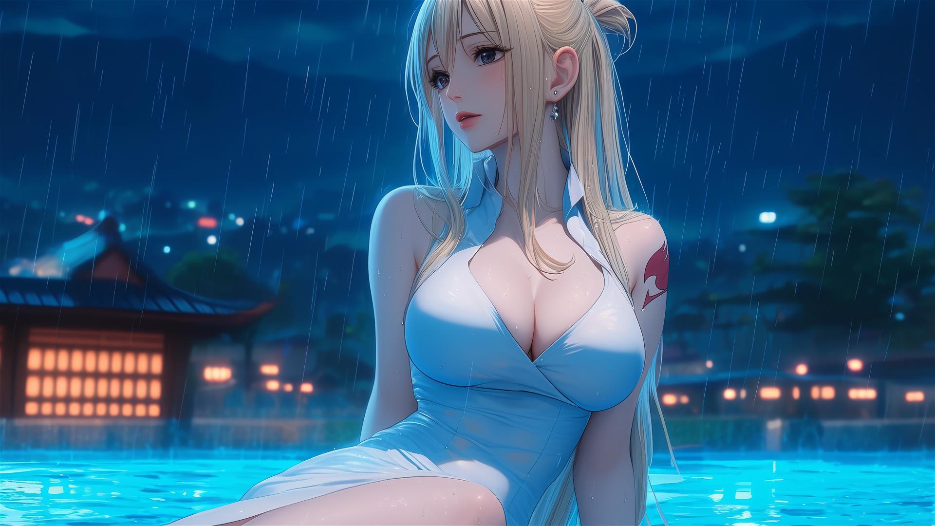 Lucy Heartfilia resting at a rainy swimming pool at night