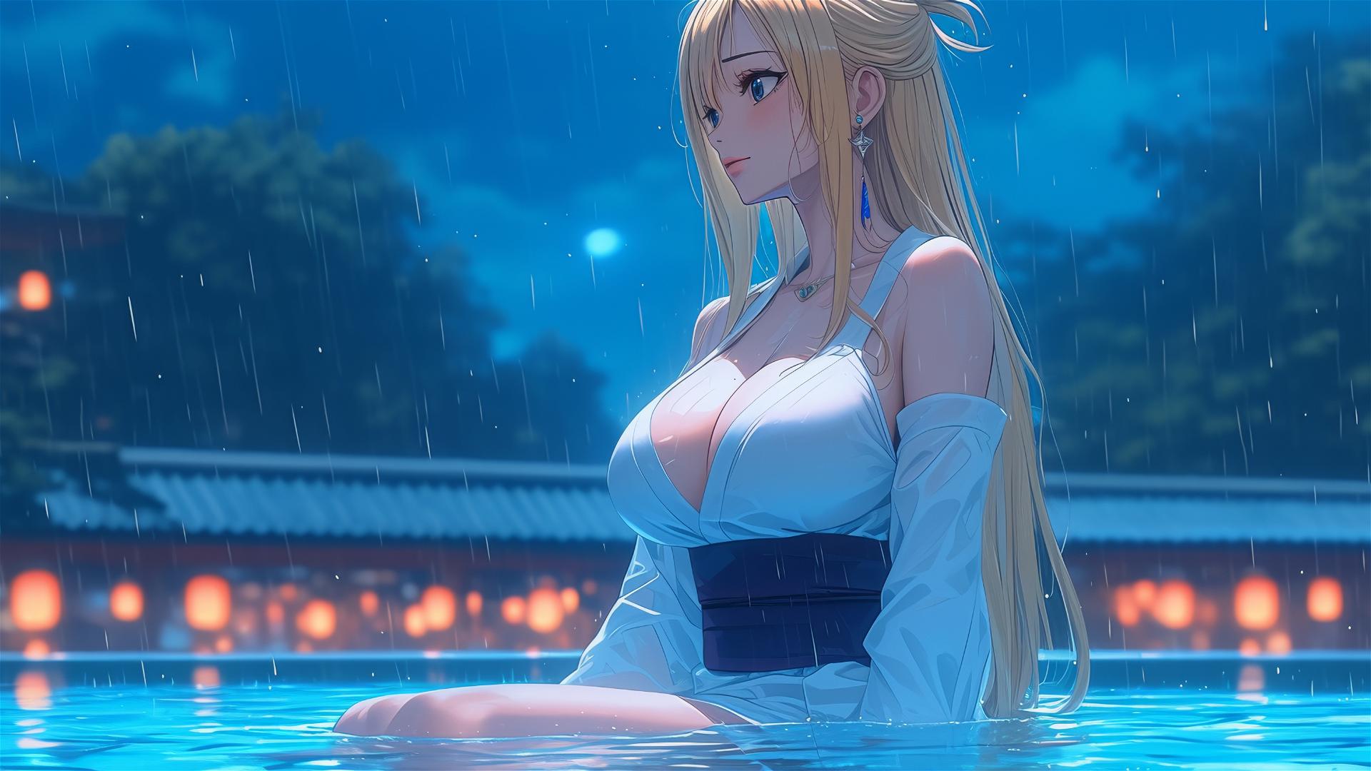 Lucy Heartfilia from Fairy Tail resting at a rain-filled swimming pool under moonlight.