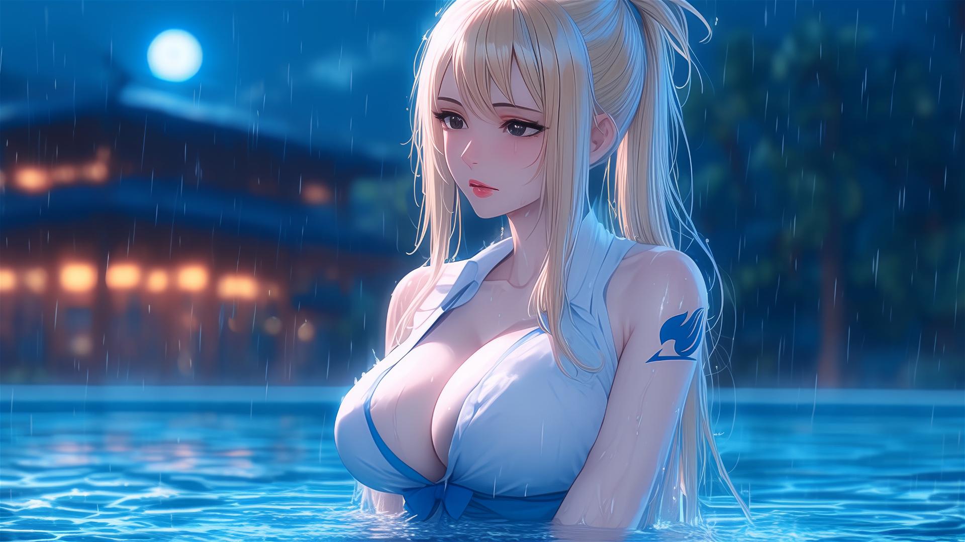 Lucy Heartfilia resting at a swimming pool under rain, moonlight glow
