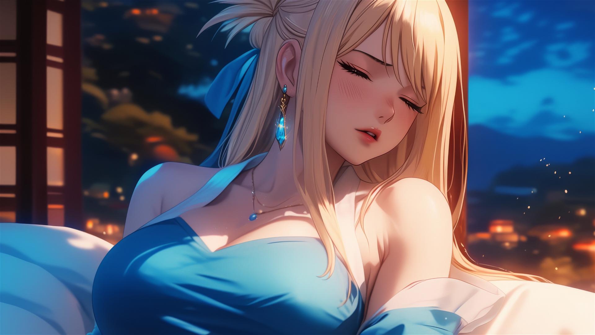 Lucy Heartfilia from Fairy Tail resting in an apartment under moonlight.