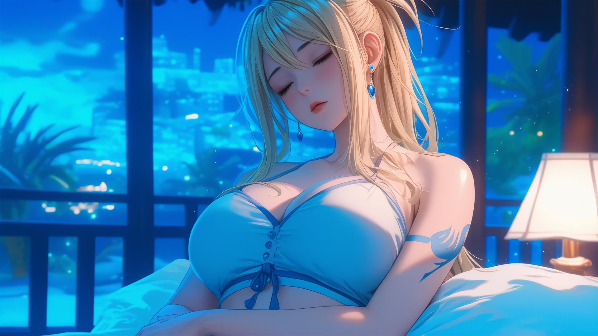 Lucy Heartfilia from Fairy Tail rests in an apartment illuminated by moonlight.