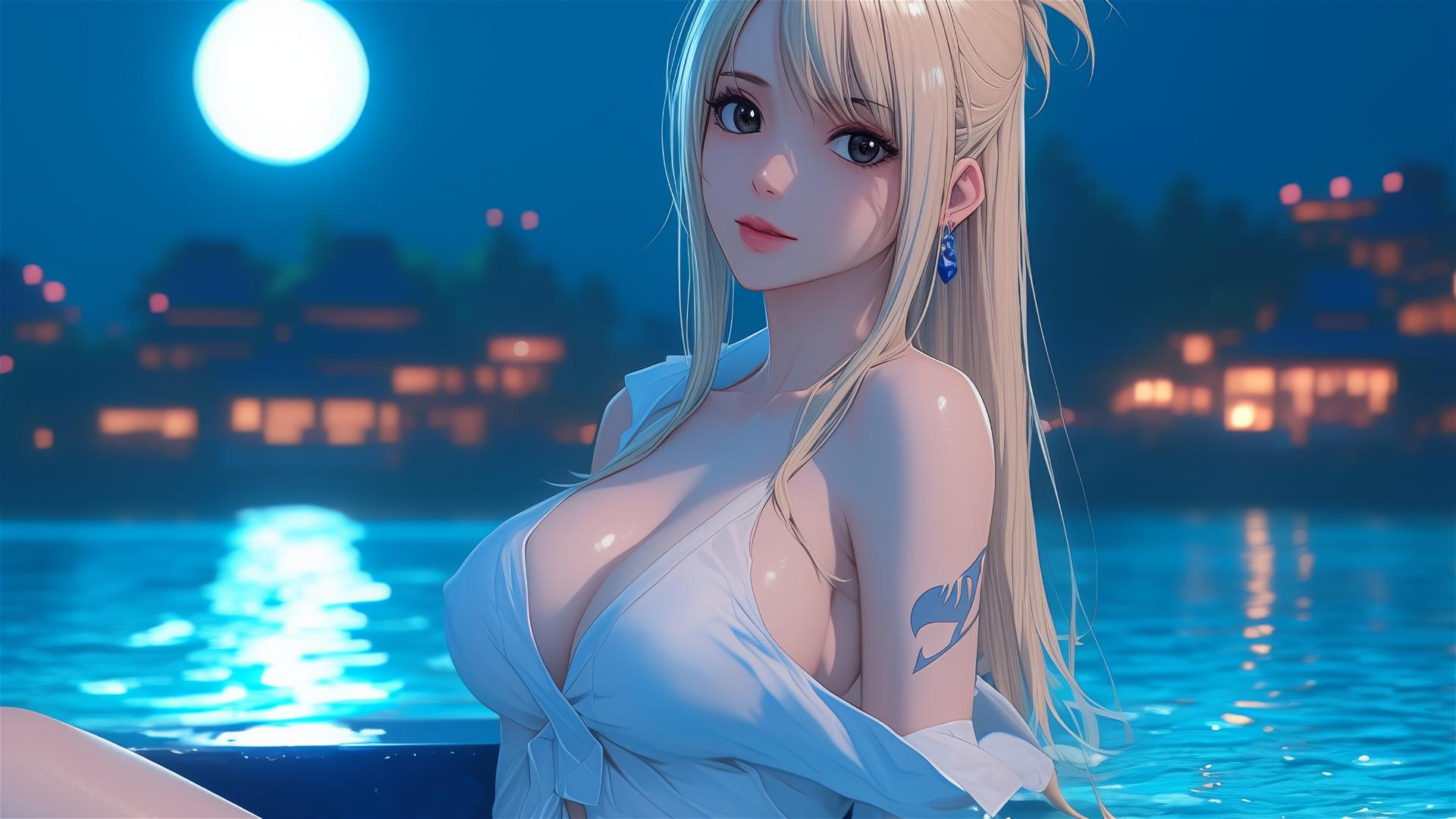 Lucy Heartfilia resting in tub with moonlight glow