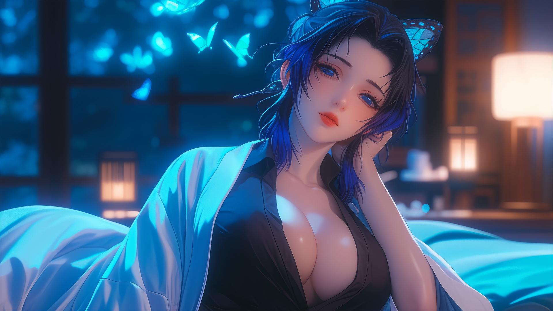 Shinobu Kocho from Demon Slayer resting in modern hotel room with moonlight glow