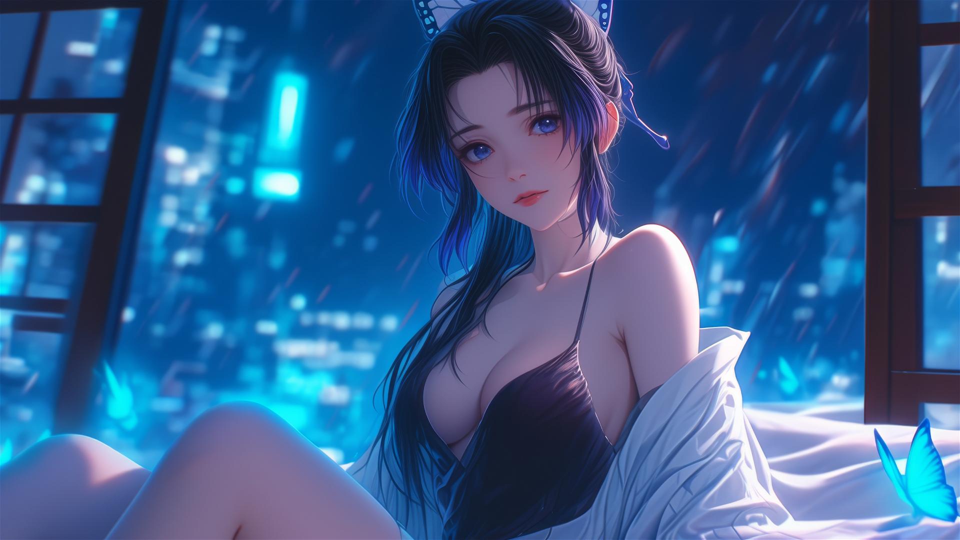 Shinobu Kocho from Demon Slayer in modern neon theme hotel room