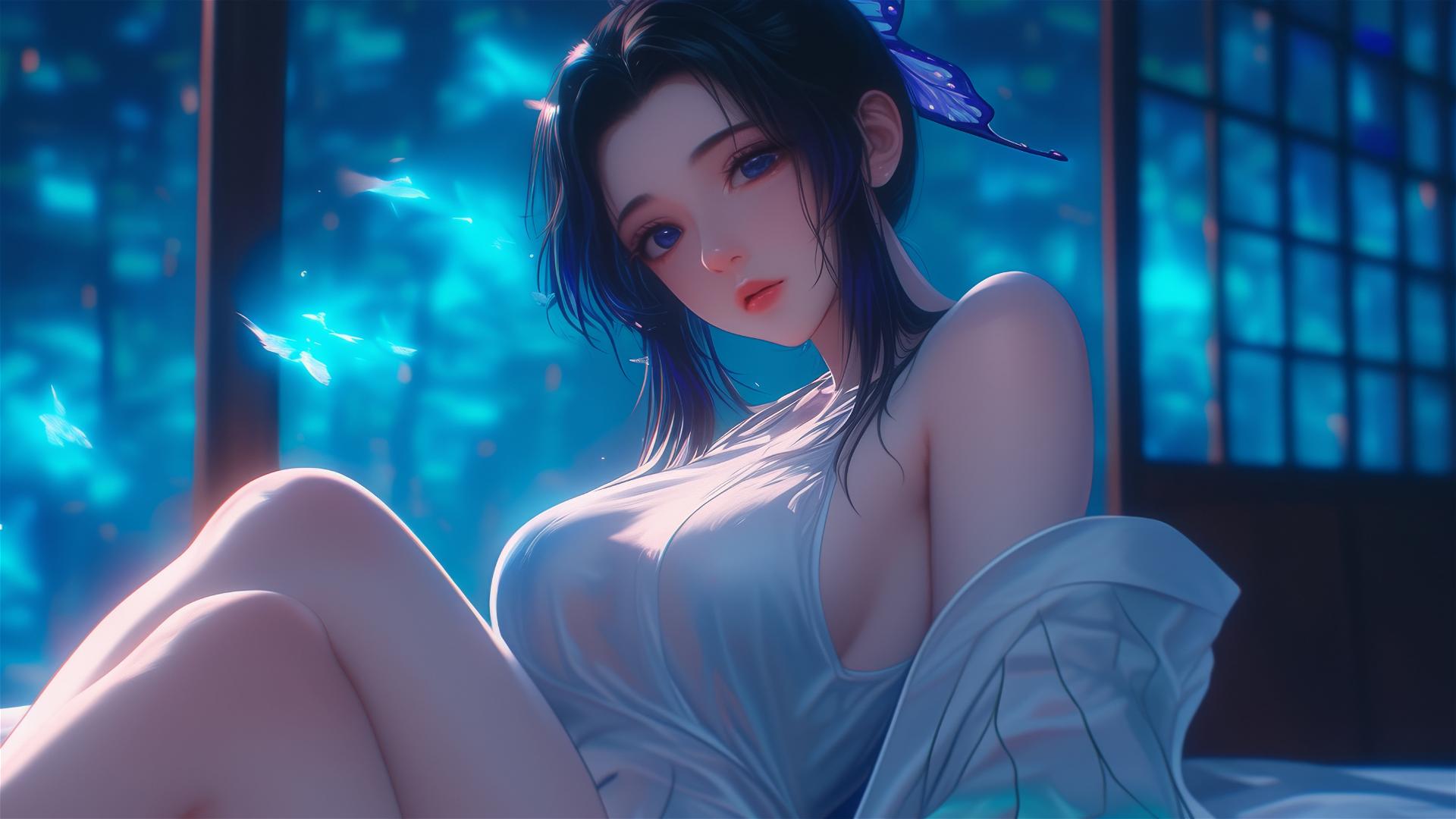 Shinobu Kocho from Demon Slayer resting in a modern hotel room with moonlight glow